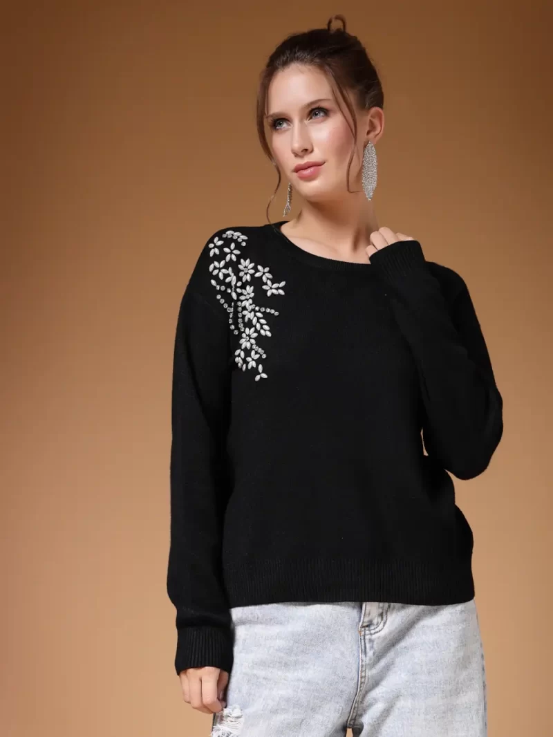 Embroidered Round Neck Long Sleeve Pullover Sweater