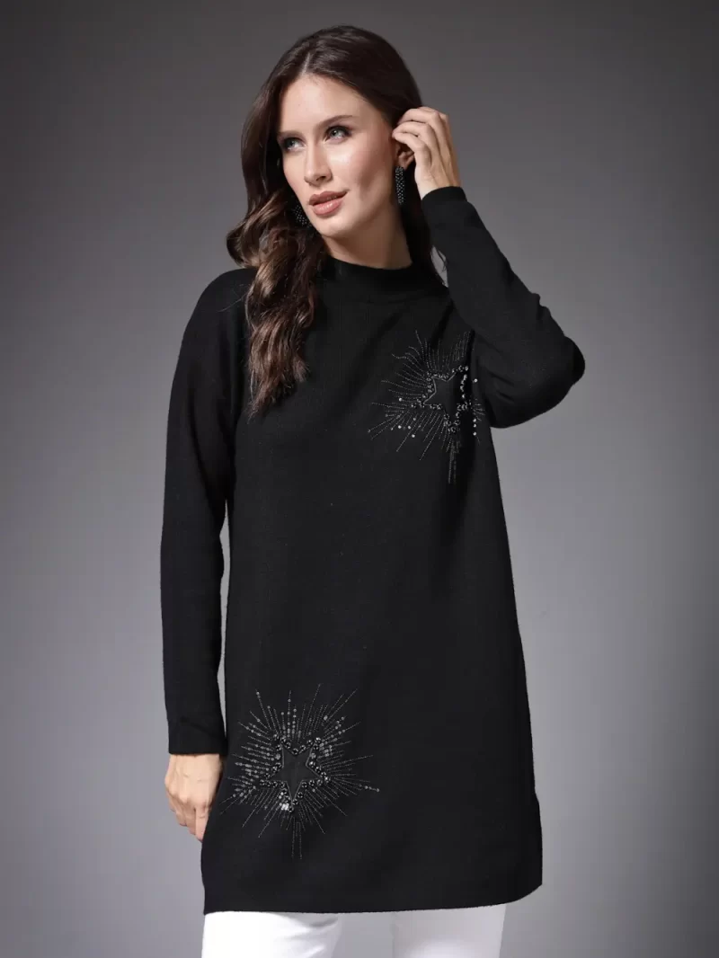 High Neck Embellished Detail Longline Pullover