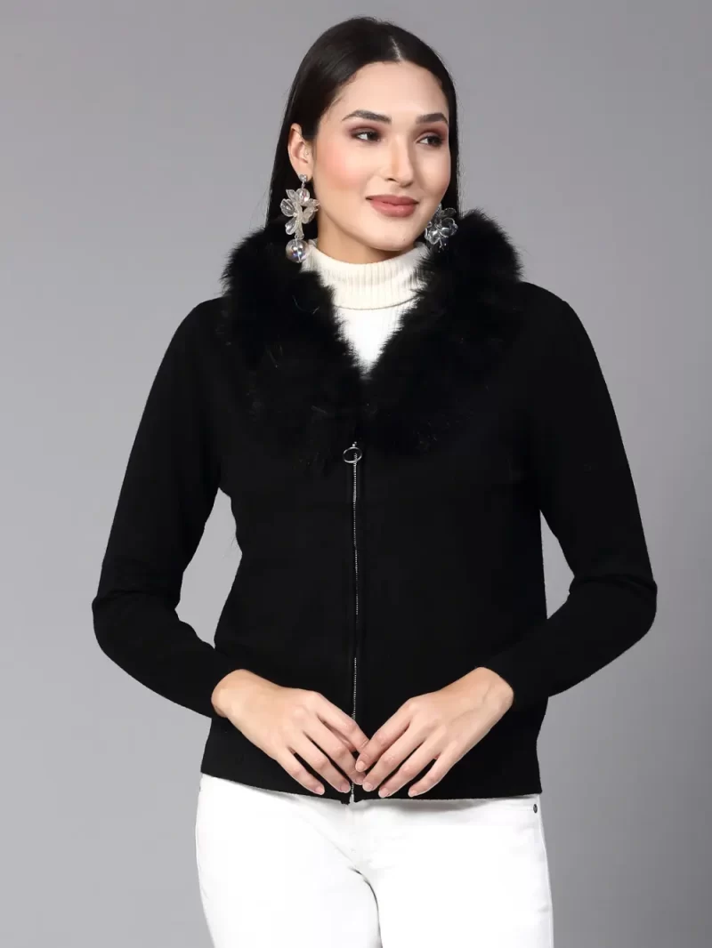 Long Sleeves Front-Open Sweater With Faux Fur