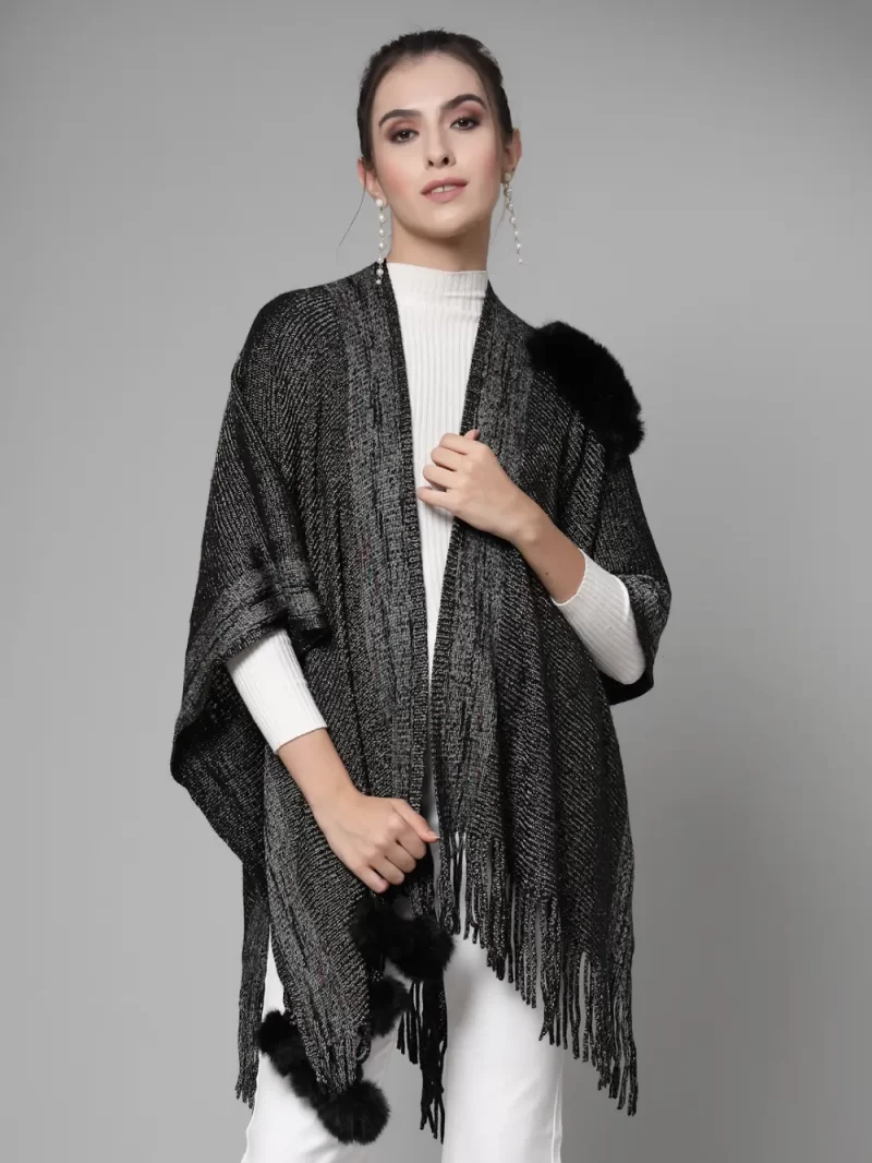 Fur Detail Fringed Longline Poncho