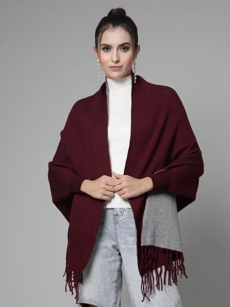 Women Longline Poncho With Fringed Detail