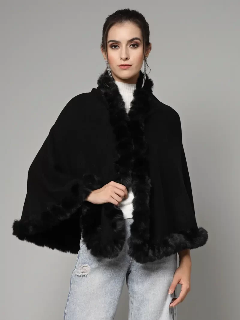 Long Sleeves Poncho With Fuzzy Detail