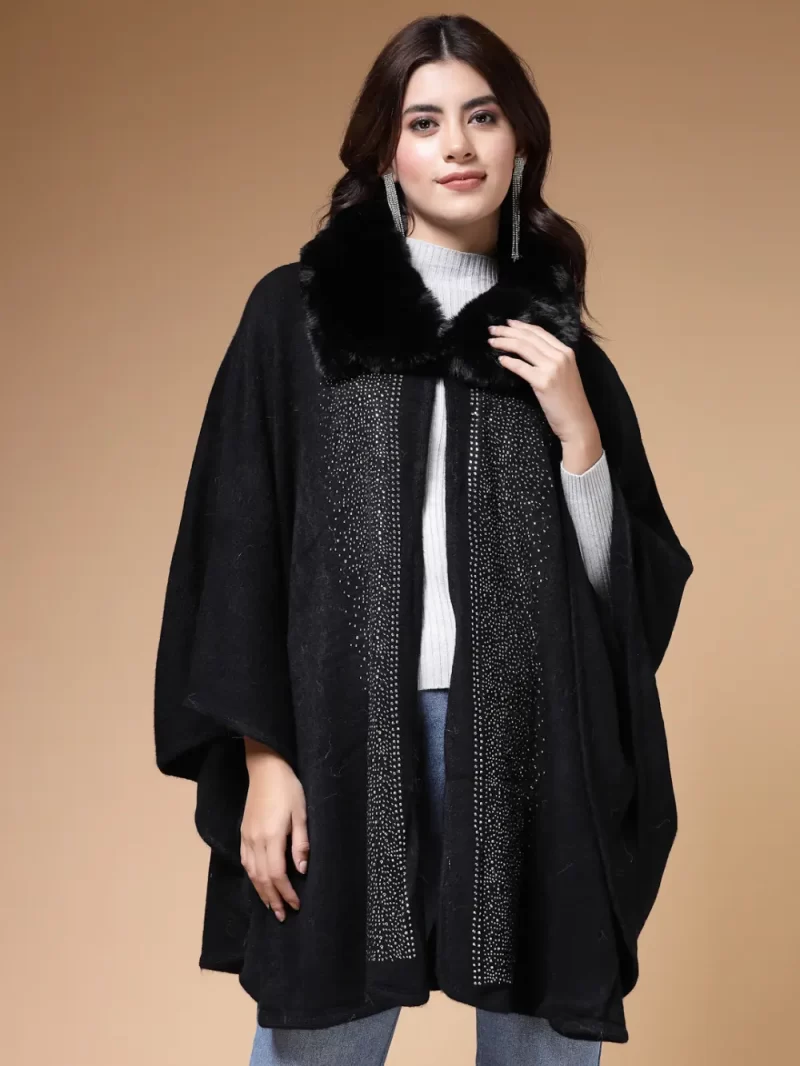 Shirt Collar Embellished Longline Poncho