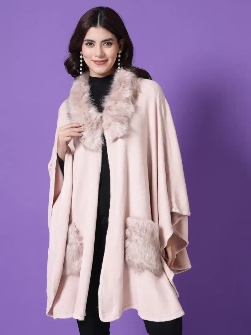 Fur Detail V-Neck Longline Poncho