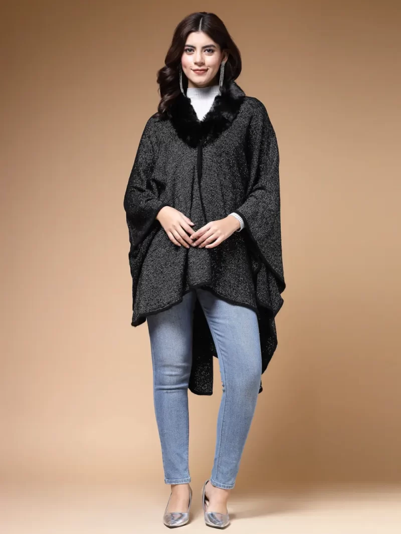 Longline Poncho With Faux Fur Detail