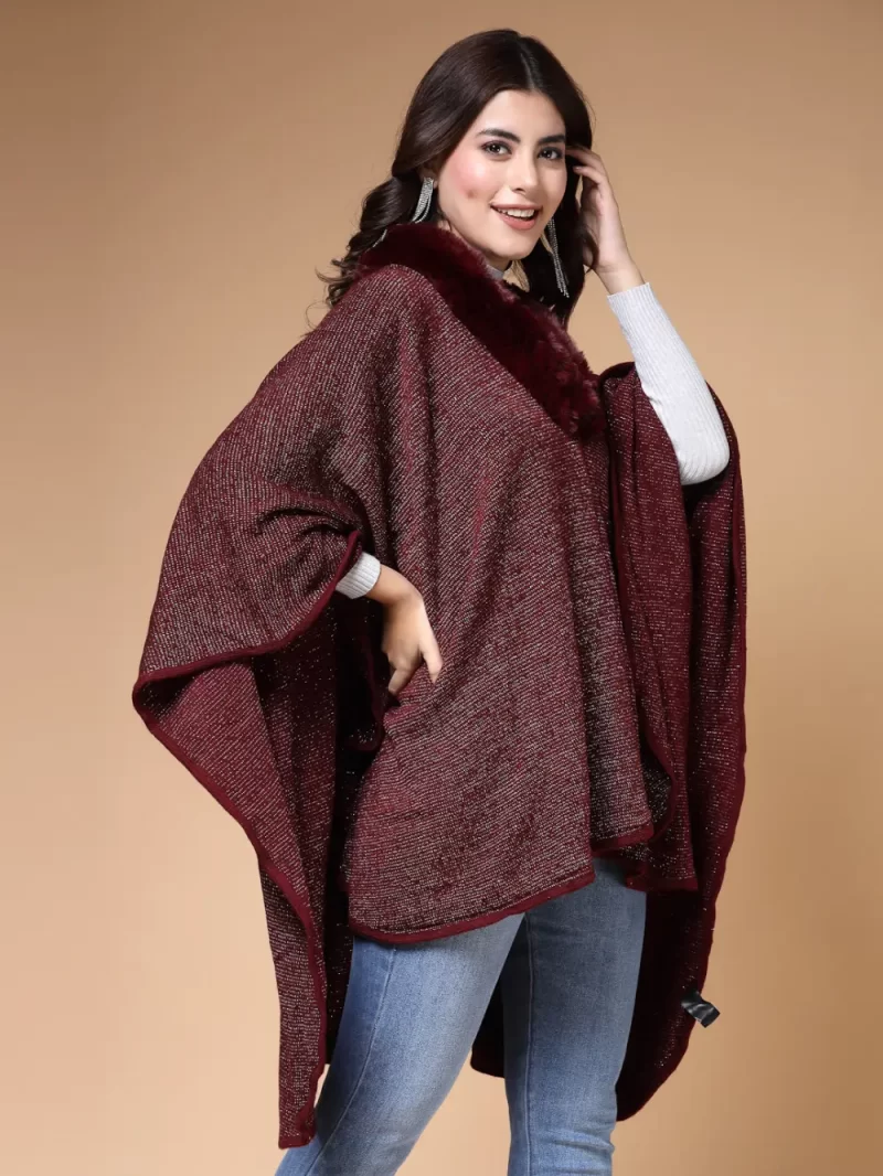 Longline Poncho With Faux Fur Detail