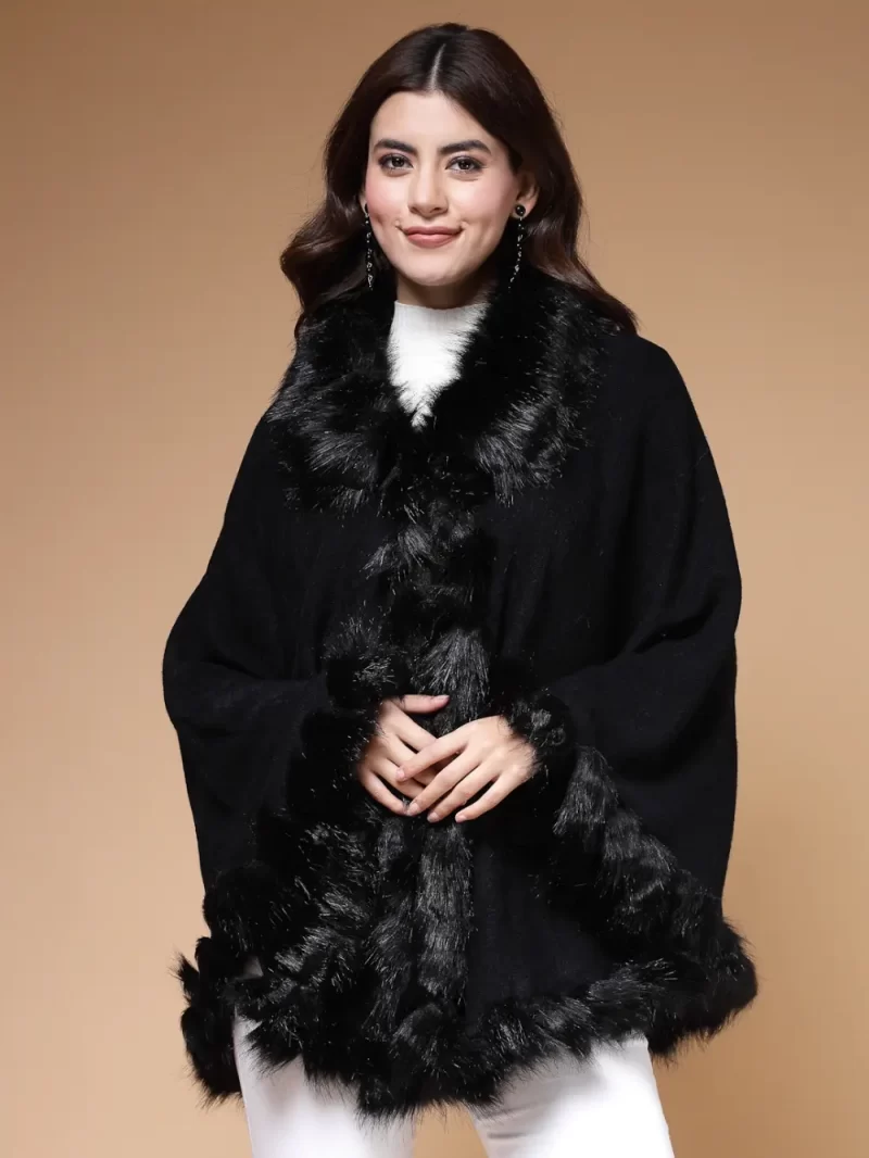 Longline Poncho With Faux Fur Detail