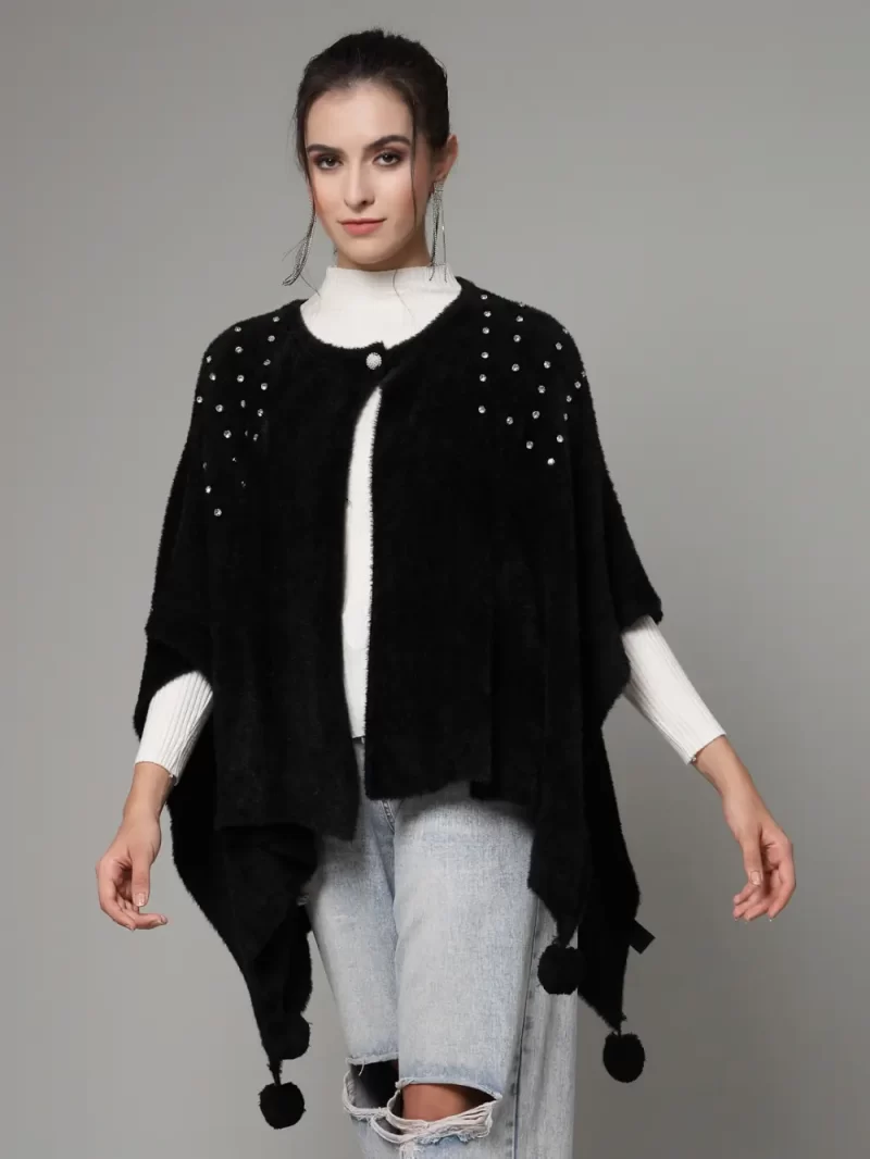 Asymmetric Embellished Short Sleeves Poncho Sweater