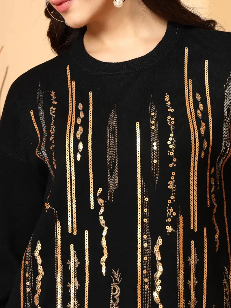 Women Embellished Round Neck Long Sleeves Pullover Sweater