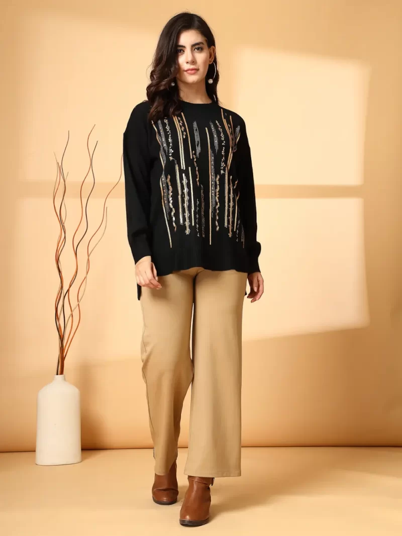 Women Embellished Round Neck Long Sleeves Pullover Sweater