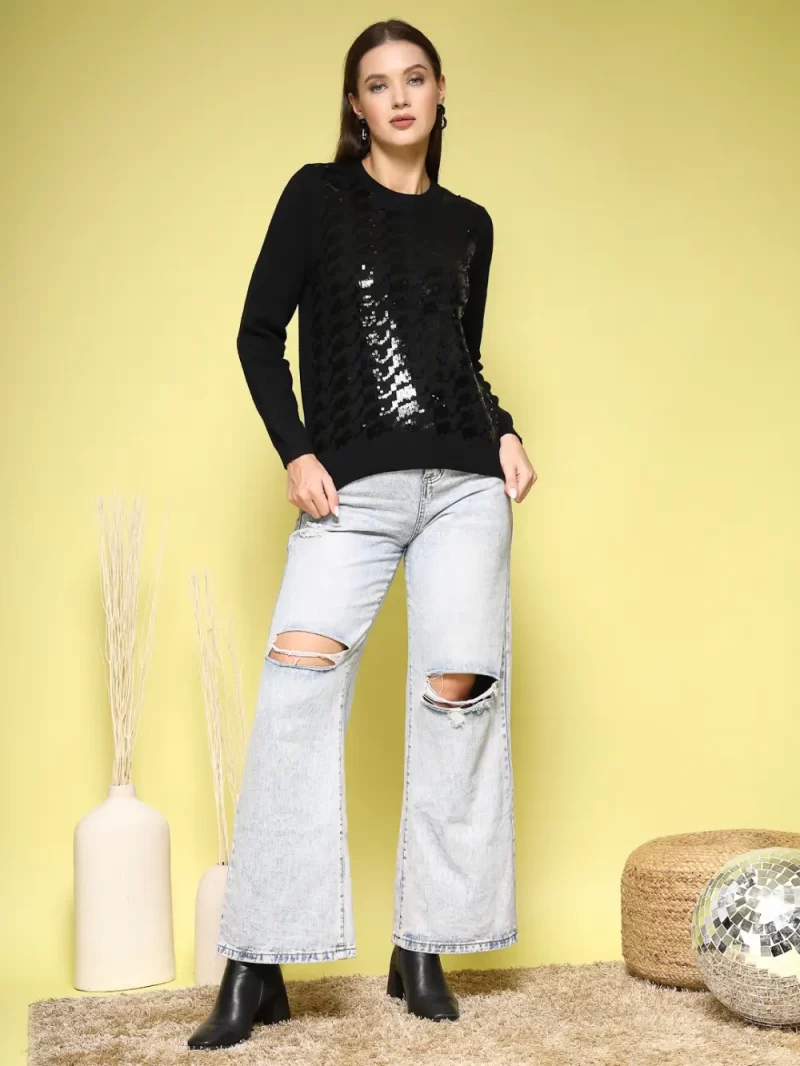 Women Self Design Embellished Sweater