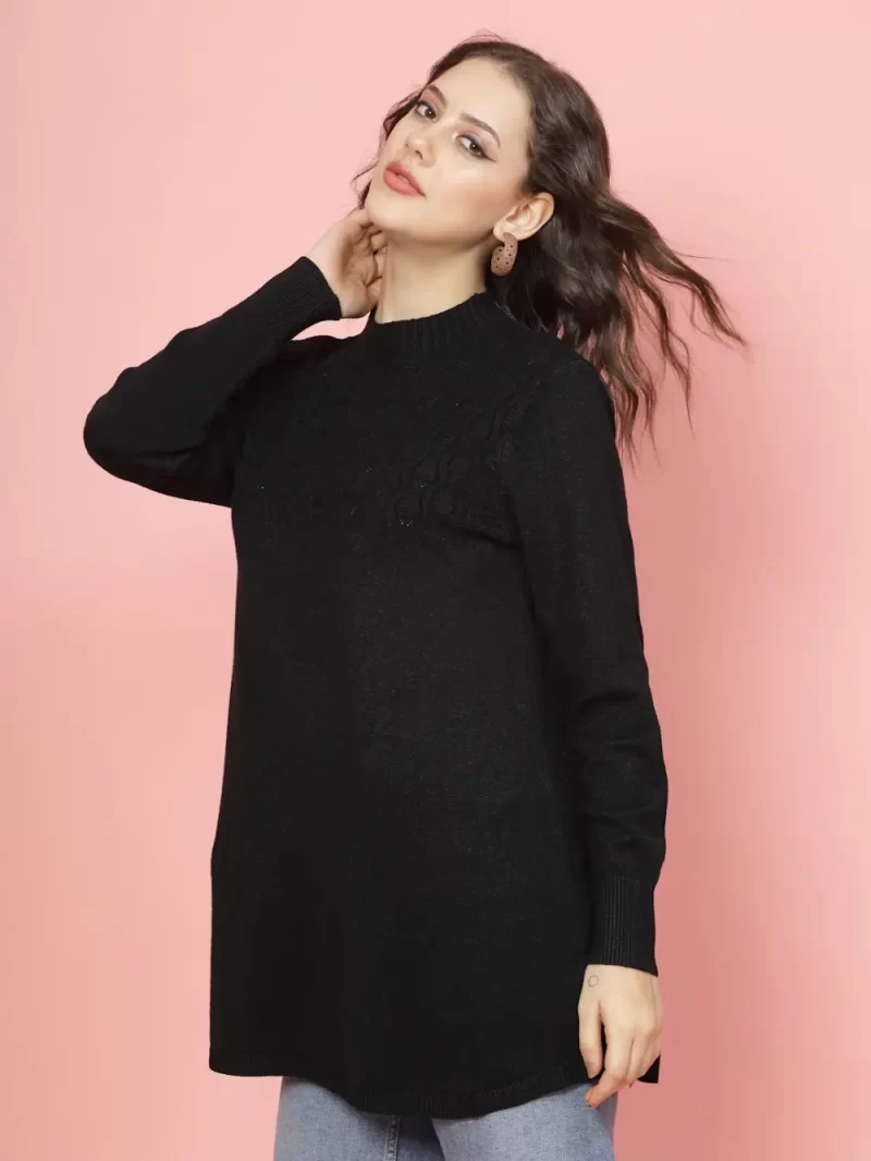 Women Self Design Pullover Ribbed Longline Sweater