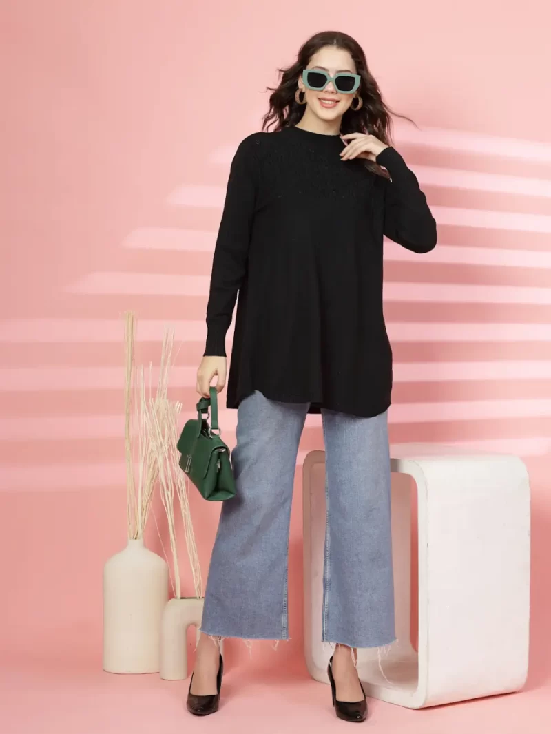 Women Self Design Pullover Ribbed Longline Sweater