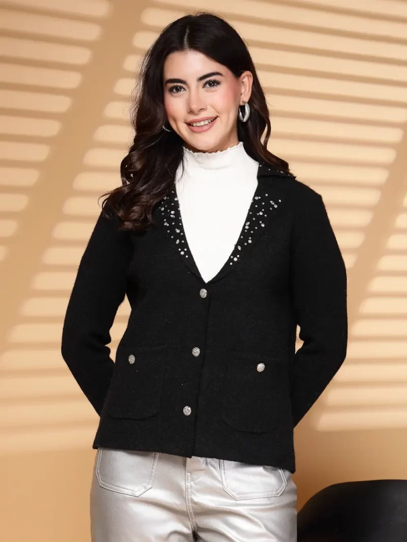 Women Solid Embellished Front Open Sweater