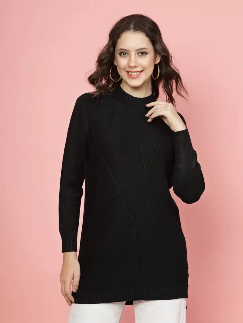 Women Self Design Pullover Ribbed Longline Sweater