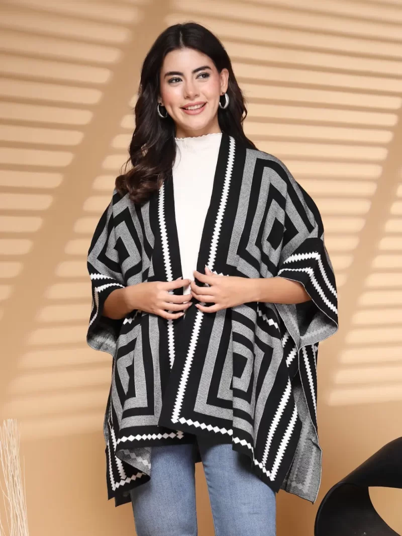Women Self Design Longline Poncho Sweaters