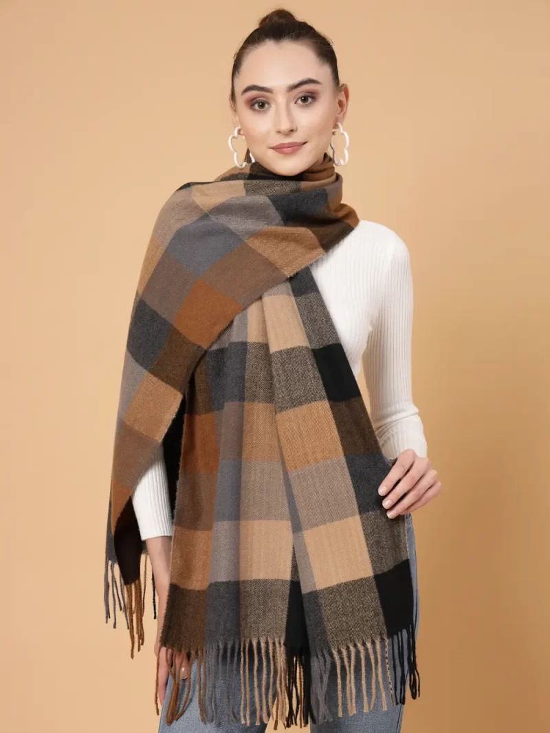 Checked Winter Wrap Stole Has Tasselled Border