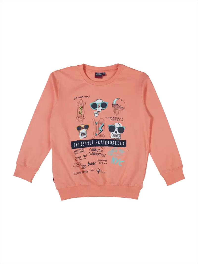 Gini And Jony Boys Peach Printed Cotton Sweat Shirt Full Sleeves