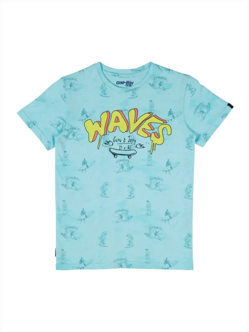 Gini And Jony Boys Blue Conversational Print Cotton T-Shirt Half Sleeves