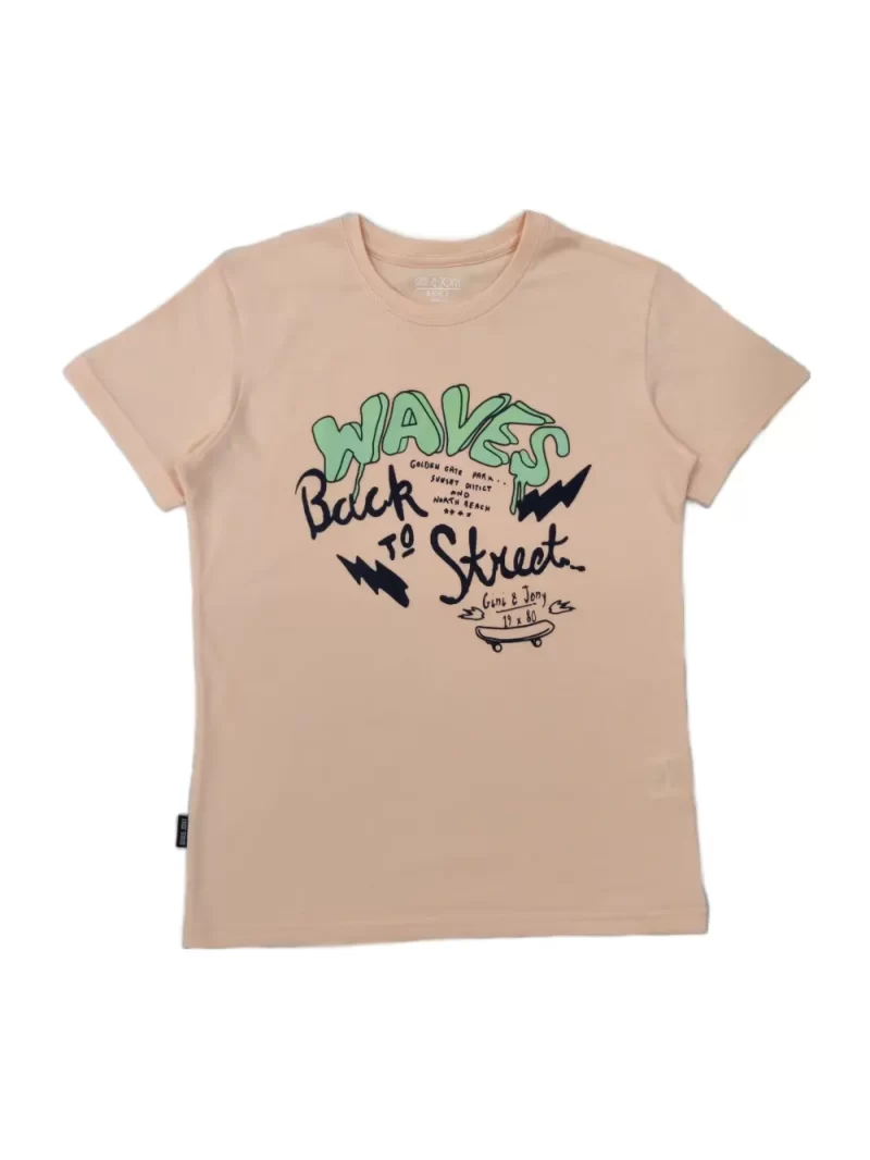 Gini And Jony Boys Peach Typographic Print Cotton T-Shirt Half Sleeves