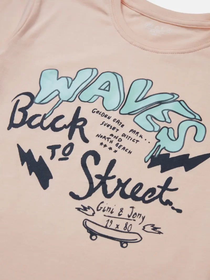 Gini And Jony Boys Peach Typographic Print Cotton T-Shirt Half Sleeves
