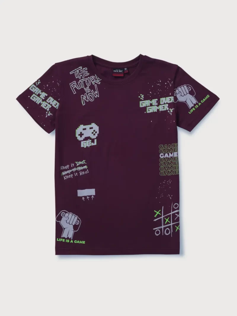 Gini And Jony Boys Burgundy Graphic Print Cotton T-Shirt Half Sleeves