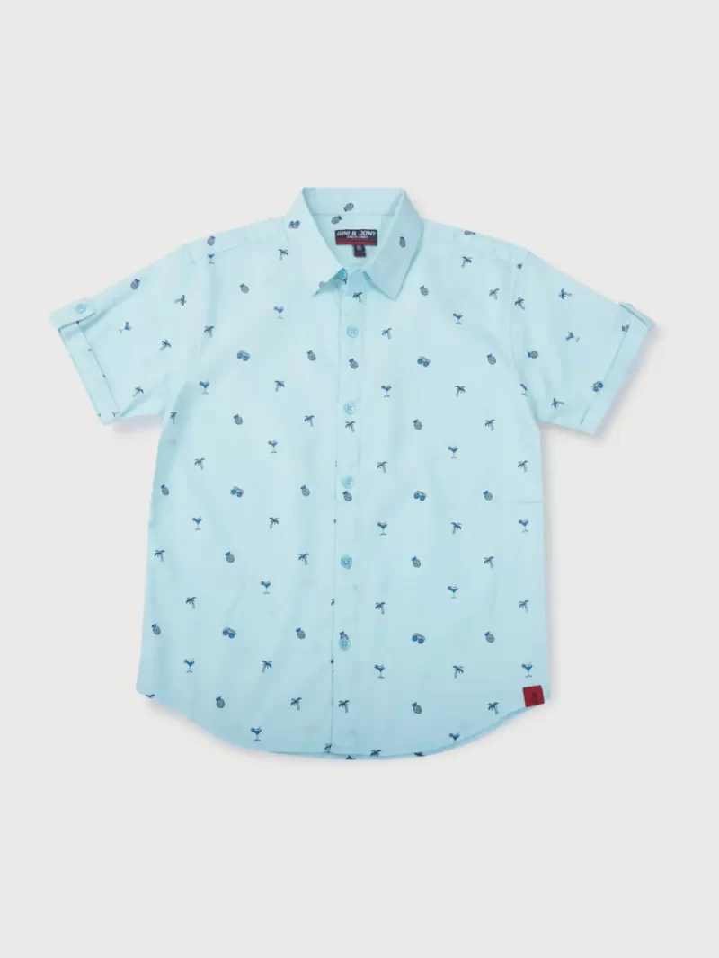 Gini & Jony Boys Blue Printed Woven Half Sleeves Shirt