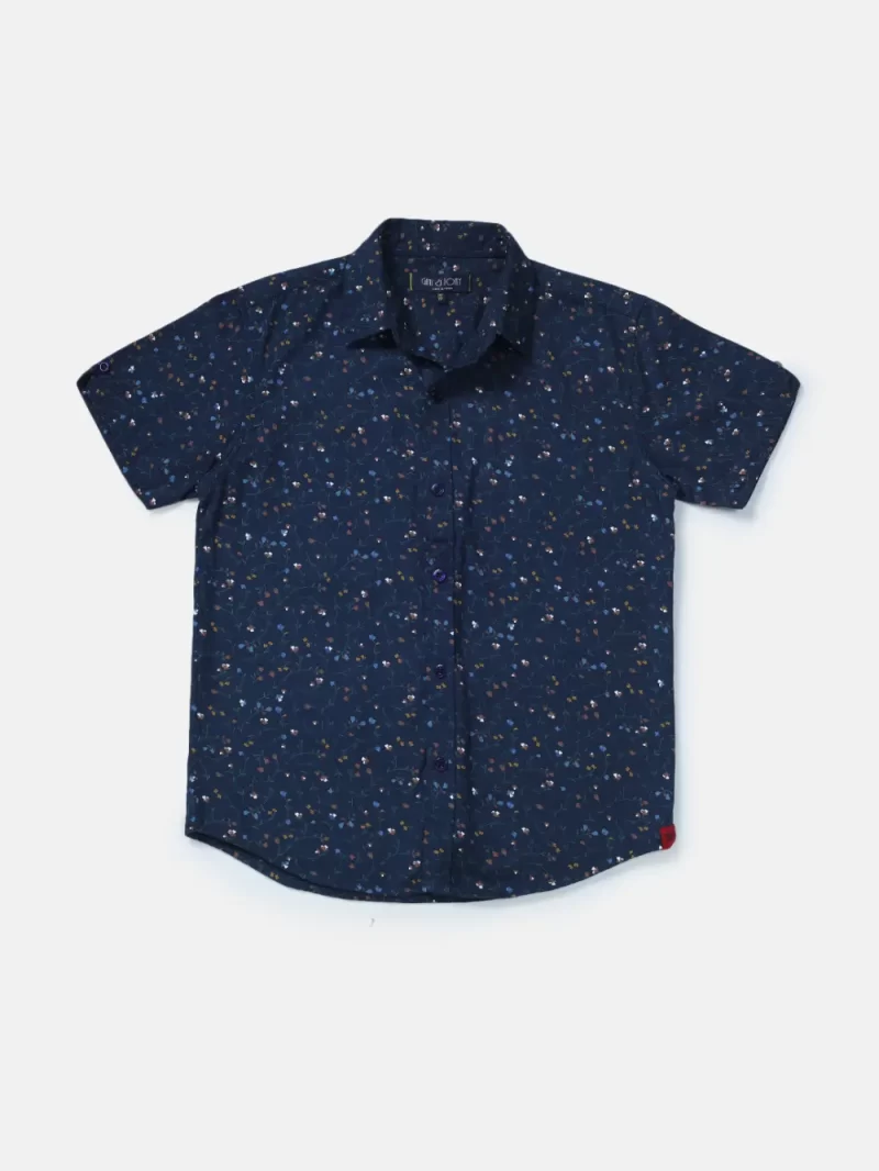 Gini And Jony Boys Blue Floral Print Cotton Shirt Half Sleeves