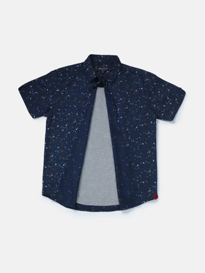 Gini And Jony Boys Blue Floral Print Cotton Shirt Half Sleeves