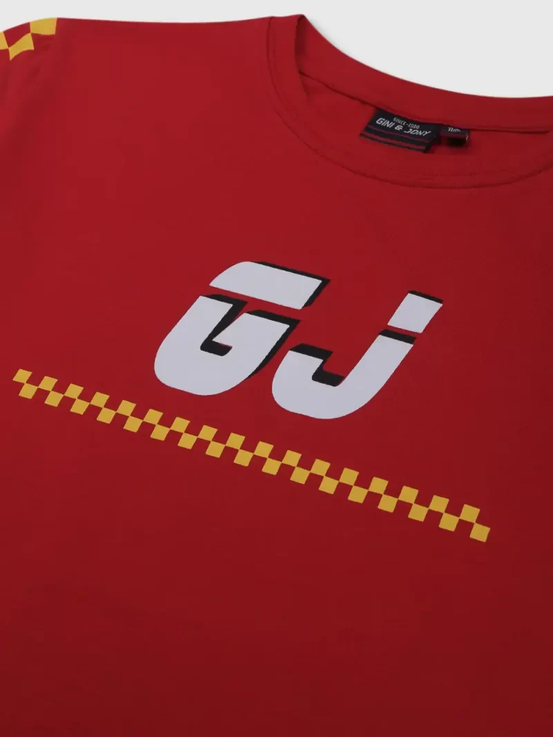 Gini & Jony Boys Red Printed Knit T-Shirt Half Sleeves