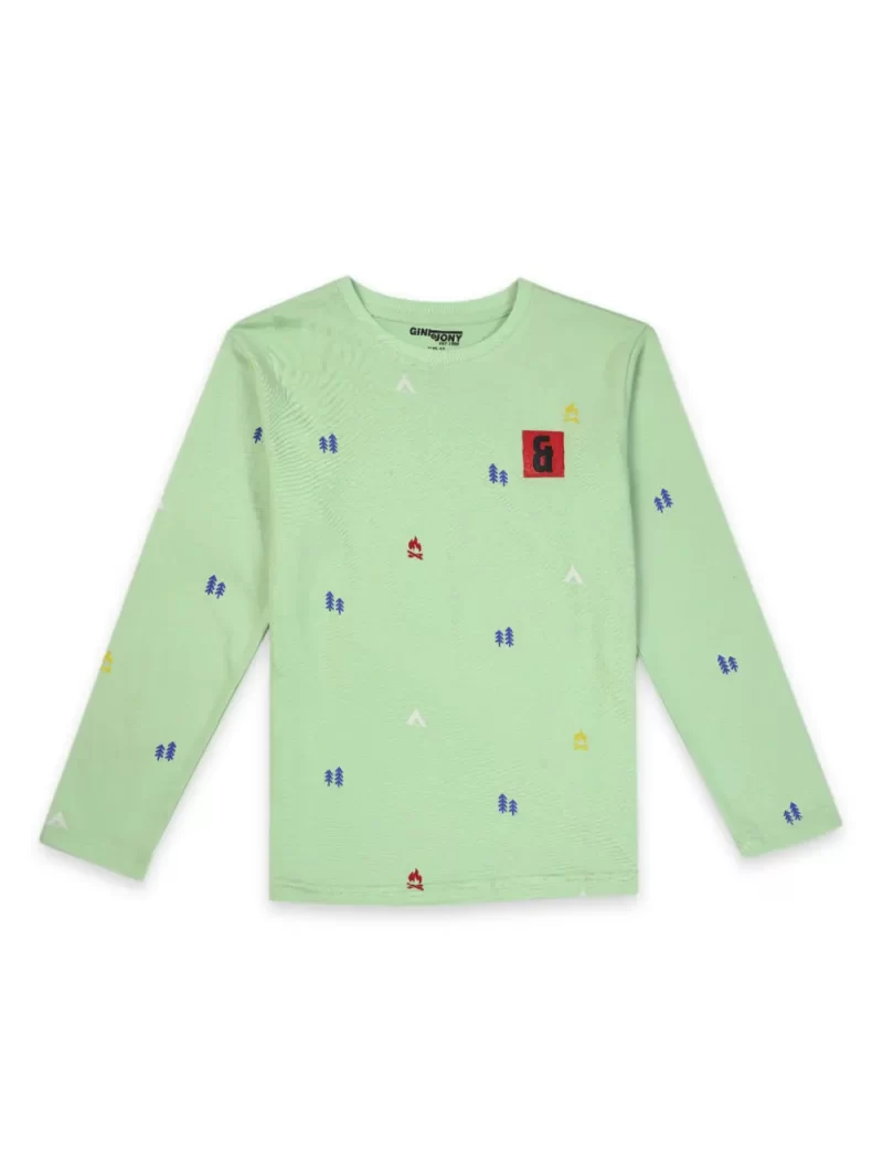 Gini And Jony Boys Green Conversational Print Cotton T-Shirt Full Sleeves