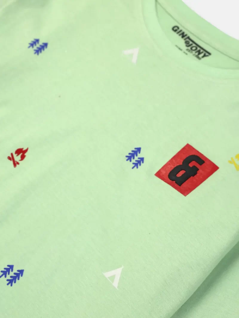 Gini And Jony Boys Green Conversational Print Cotton T-Shirt Full Sleeves