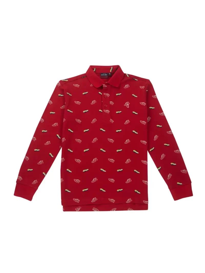 Gini And Jony Boys Red Printed Cotton Full Sleeves Polo T-Shirt
