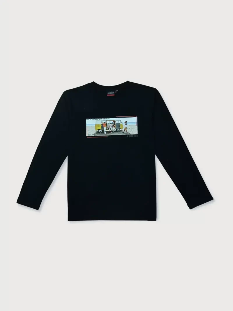 Gini & Jony Boys Black Printed Cotton T-Shirt Full Sleeves