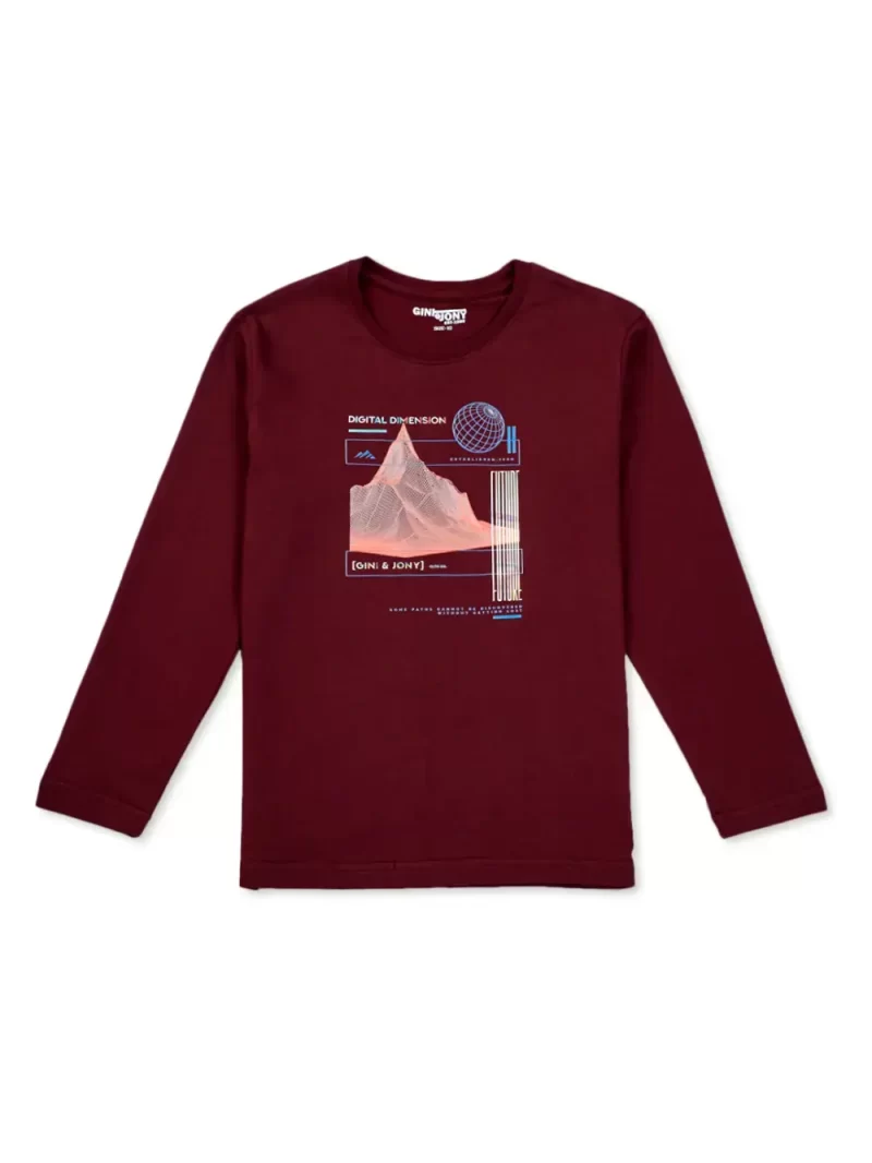 Gini And Jony Boys Grey Printed Cotton Full Sleeves T-Shirt