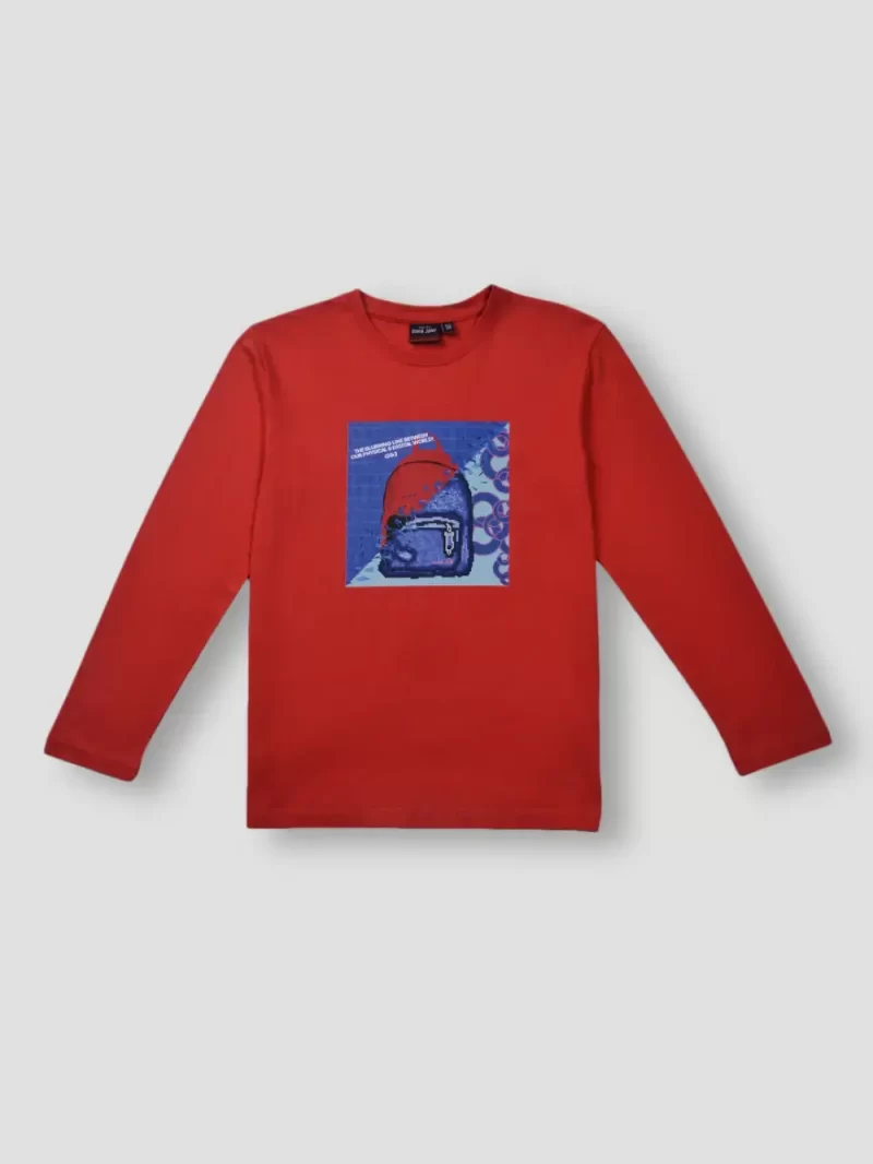 Gini & Jony Boys Red Printed Cotton Full Sleeves T-Shirt