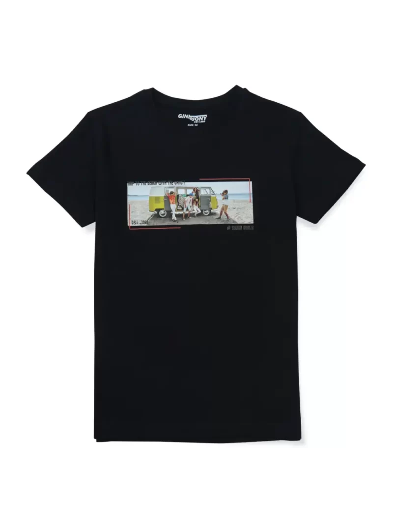 Gini & Jony Boys Black Printed Cotton T-Shirt Full Sleeves