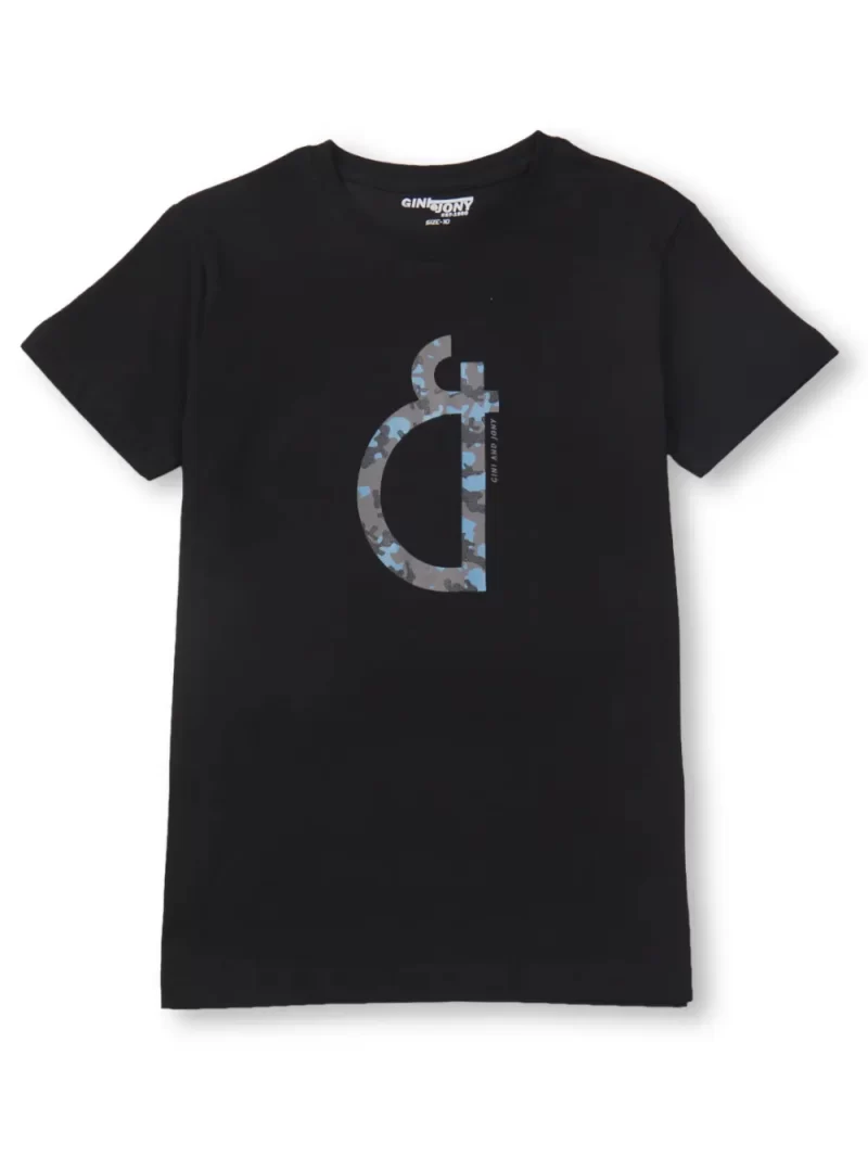 Gini And Jony Boys Black Logo Cotton T-Shirt Half Sleeves