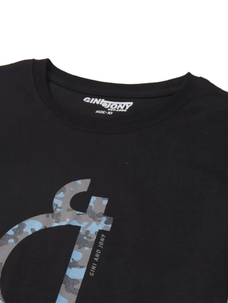 Gini And Jony Boys Black Logo Cotton T-Shirt Half Sleeves