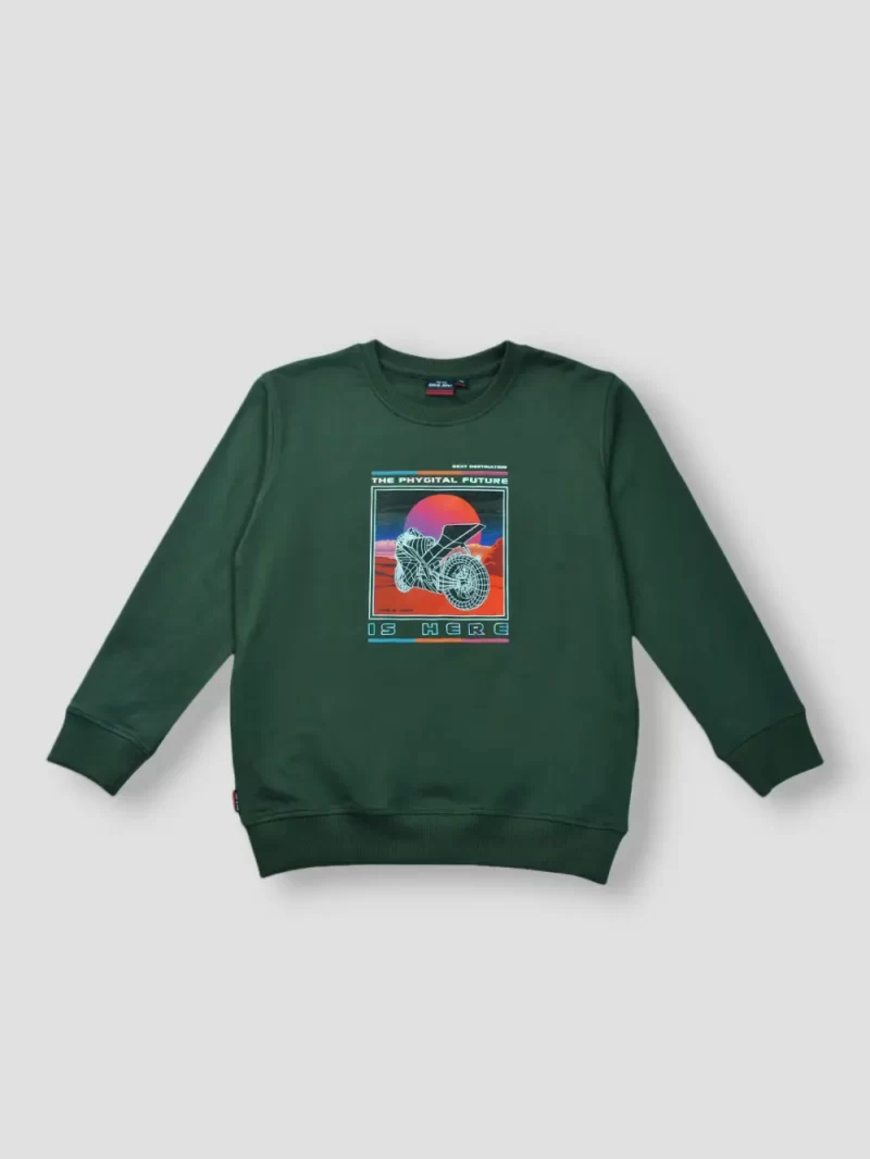 Gini & Jony Boys Green Printed Fleece Full Sleeves Sweat Shirt