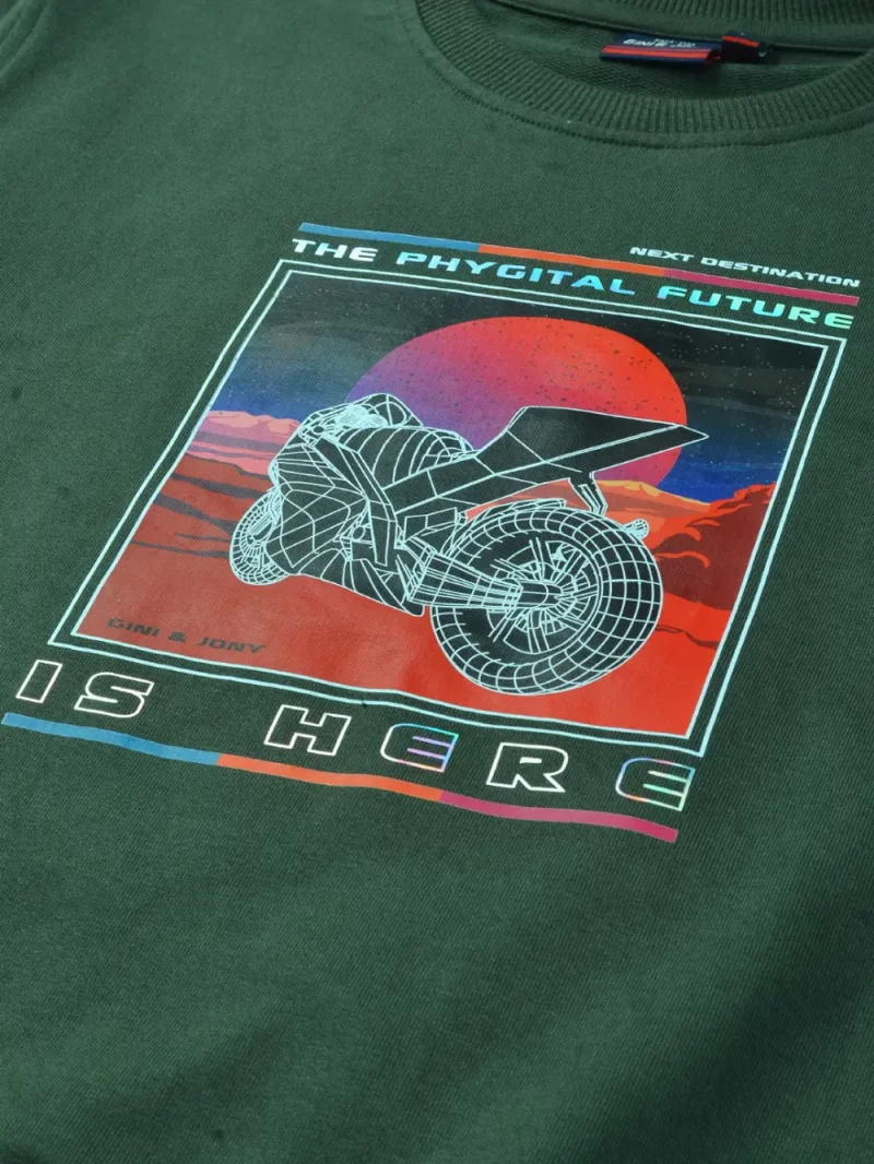 Gini & Jony Boys Green Printed Fleece Full Sleeves Sweat Shirt