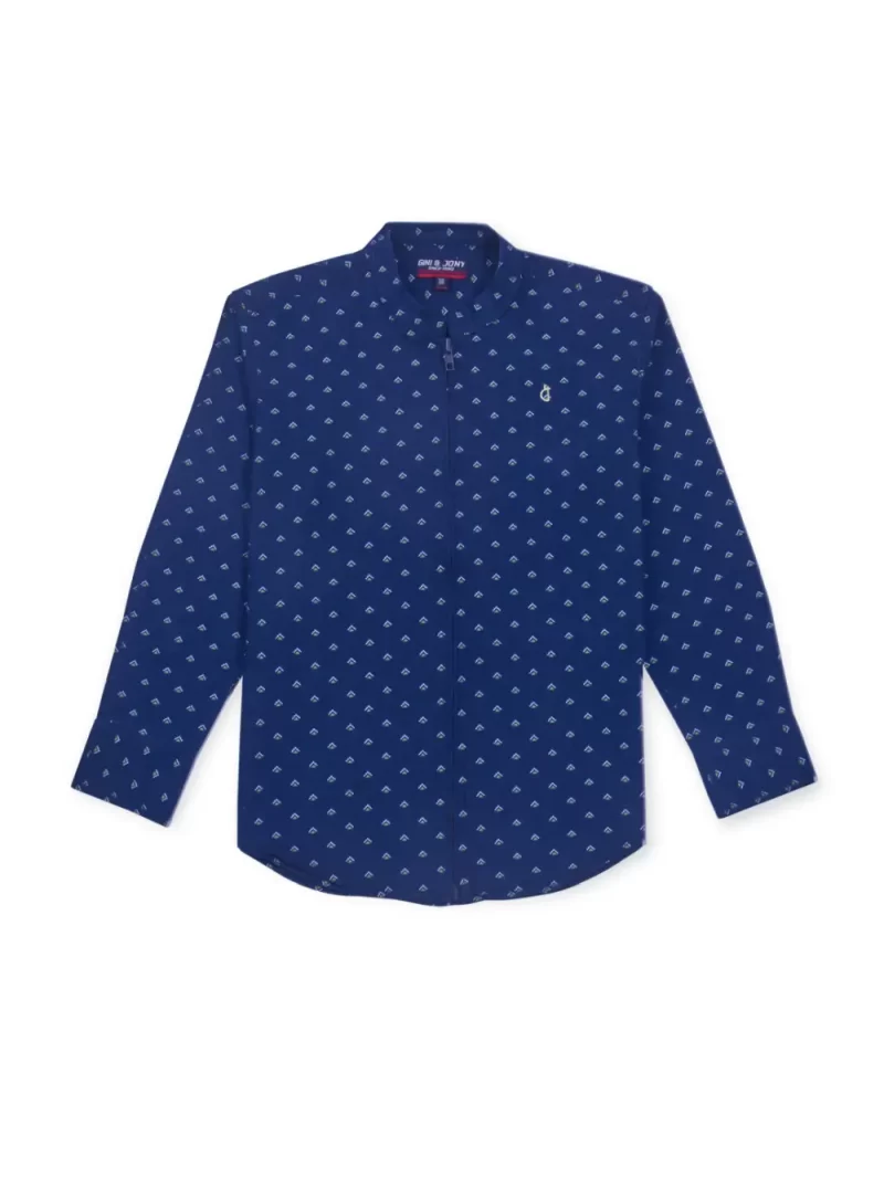 Gini & Jony Boys Blue Printed Cotton Denim Full Sleeves Shirt