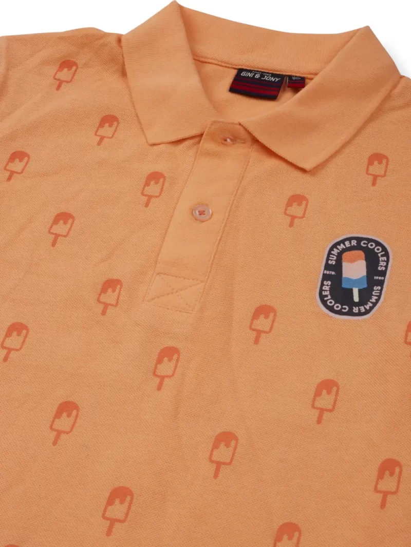 Gini & Jony Boys Peach Printed Knitted Cotton Half Sleeves Polo T-Shirt
