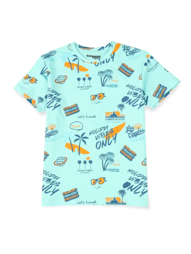 Gini & Jony Boys Blue Printed Cotton Half Sleeves T-Shirt