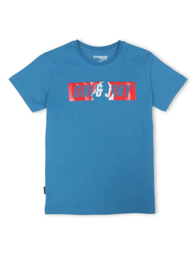 Gini And Jony Boys Blue Printed Cotton Half Sleeves T-Shirt