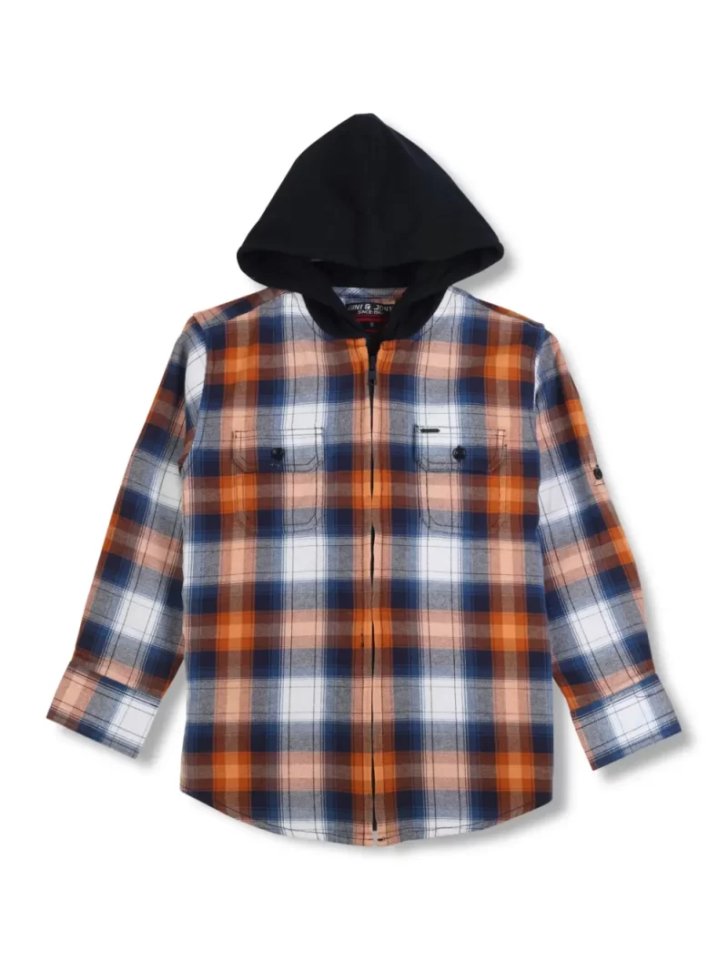 Gini & Jony Boys Orange Blue Woven Checkered Full Sleeve Shirt With Hoodie