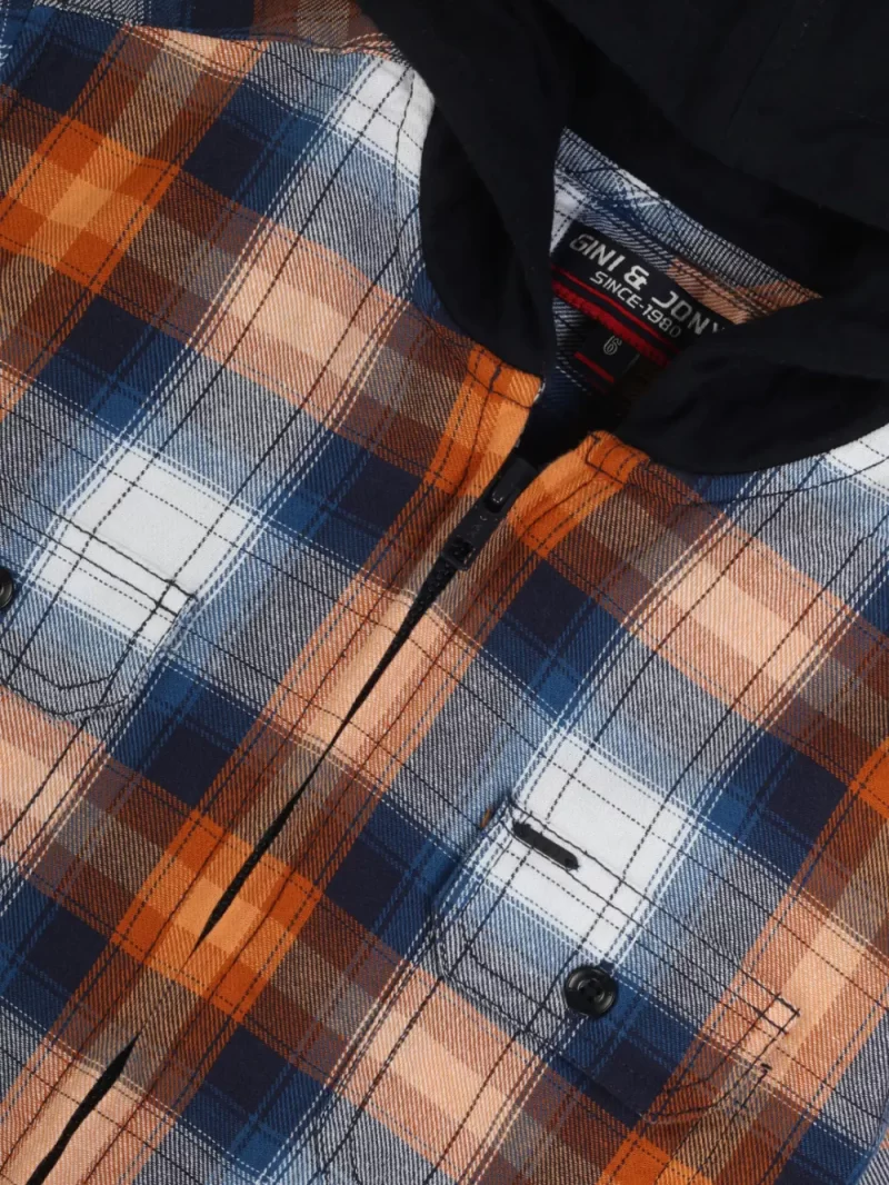 Gini & Jony Boys Orange Blue Woven Checkered Full Sleeve Shirt With Hoodie