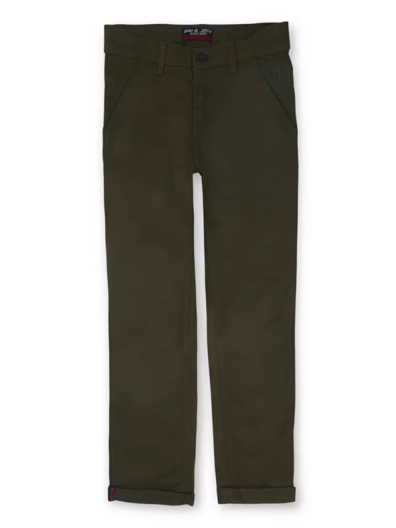 Gini And Jony Boys Olive Solid Cotton Fixed Waist Trouser