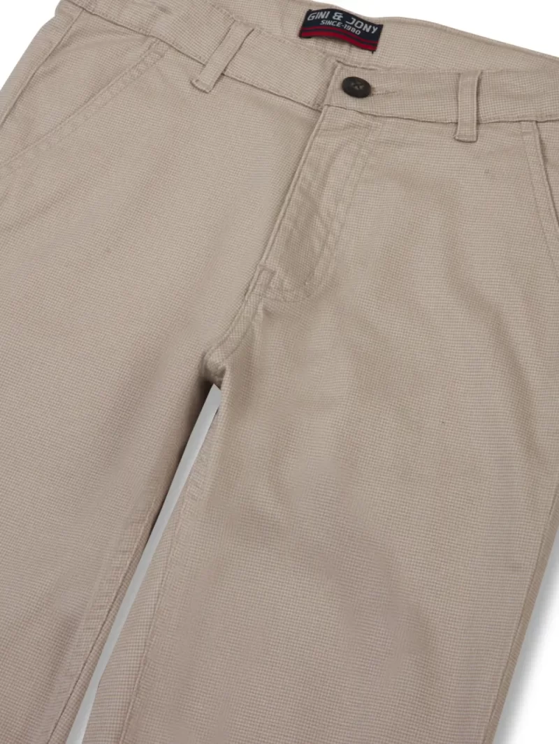 Gini And Jony Boys Beige Solid Cotton Trouser Fixed Waist