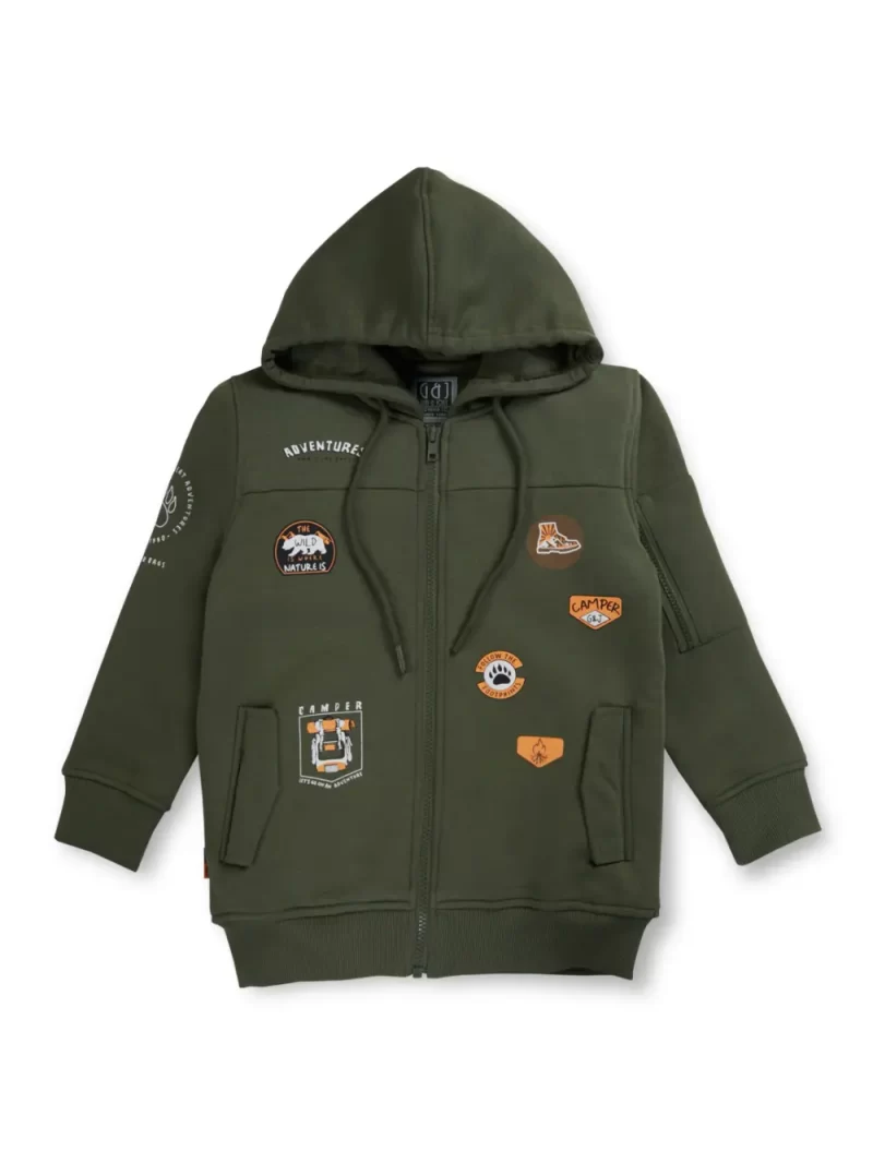 Gini And Jony Boys Olive Graphic Print Cotton Knits Jacket Full Sleeves